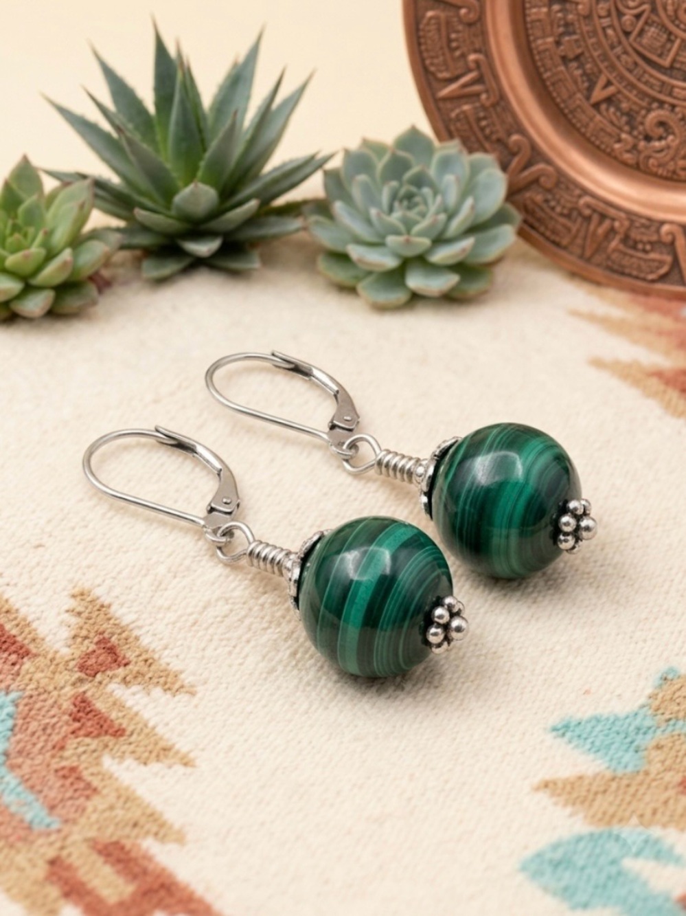 Artisan Genuine Malachite Leverback Earrings Sterling Silver Hand Cut NWT - Picture 7 of 11